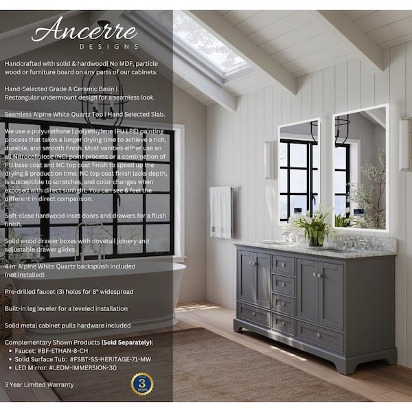 Audrey 66 in. W x 22 in. D x 34.3 in H Double Sink Bath Vanity in Sapphire Gray Italian Carrara White Marble Top