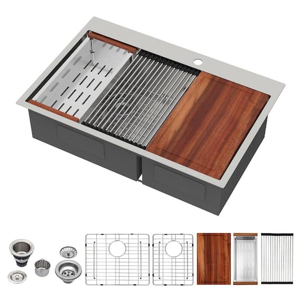 33 in. Drop-in Low Divide Double Bowl 60/40 Stainless Steel 16-Guage Workstation Kitchen Sink with Accessories