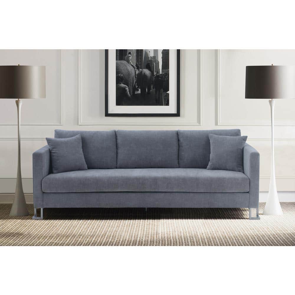 Heritage 91" Gray Leather Stationary Sofa with Wood Legs