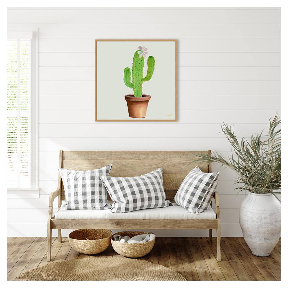 Succulent Symphony I Green Cactus Canvas Wall Art with Maple Frame
