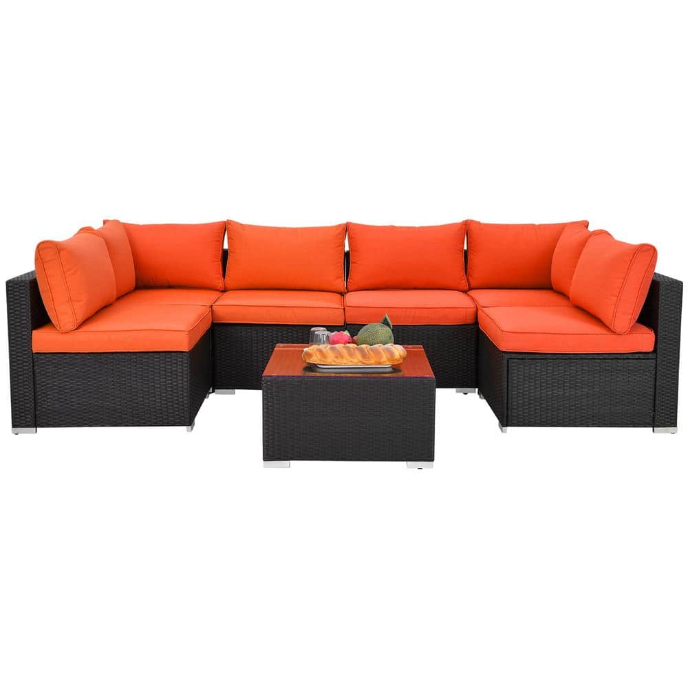 7-Piece Wicker Patio Conversation Sectional Seating Set with Orange Couch Cushions and Coffee Table price history on PriceWatchPro