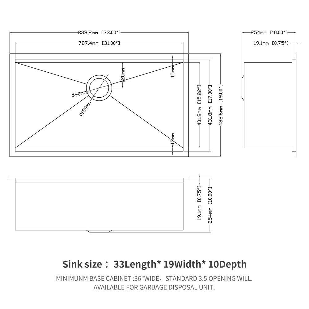 33'' Brushed Nickel Stainless Steel Undermount Single Bowl Sink