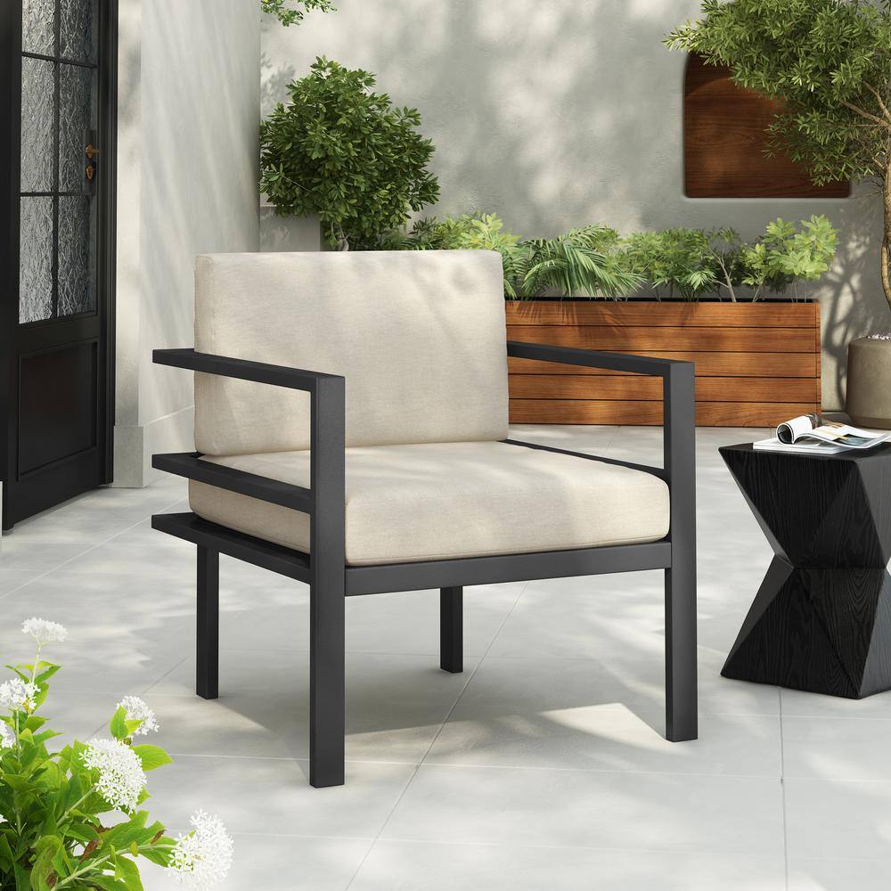 Beige and Black Aluminum Outdoor Lounge Chair with Cushions