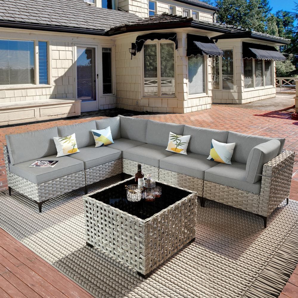Apollo 7-Piece Wicker Outdoor Patio Conversation Seating Set with Drak Gray Cushions price history on PriceWatchPro
