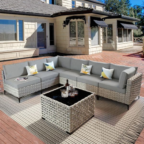 XIZZI Apollo 7-Piece Wicker Outdoor Patio Conversation Seating Set with Drak Gray Cushions