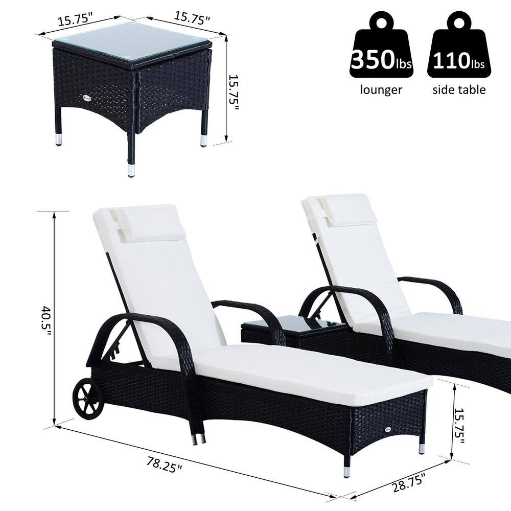 Black and White Adjustable Rattan Chaise Lounge Set with Cushions