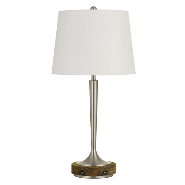 HomeRoots 29 in. Nickel Metal Usb Table Lamp with Off White Empire Shade