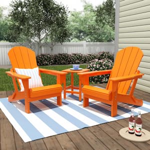 Laguna 3-Piece Fade Resistant Outdoor Patio HDPE Poly Plastic Folding Adirondack Chair Set with Side Table in Orange