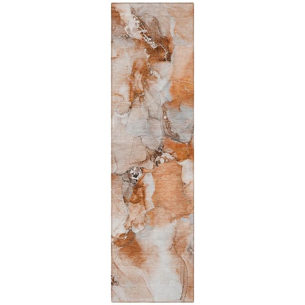 Orange, Ivory 2 ft. x 8 ft. Woven Abstract Polyester Runner Indoor / Outdoor Area Rug