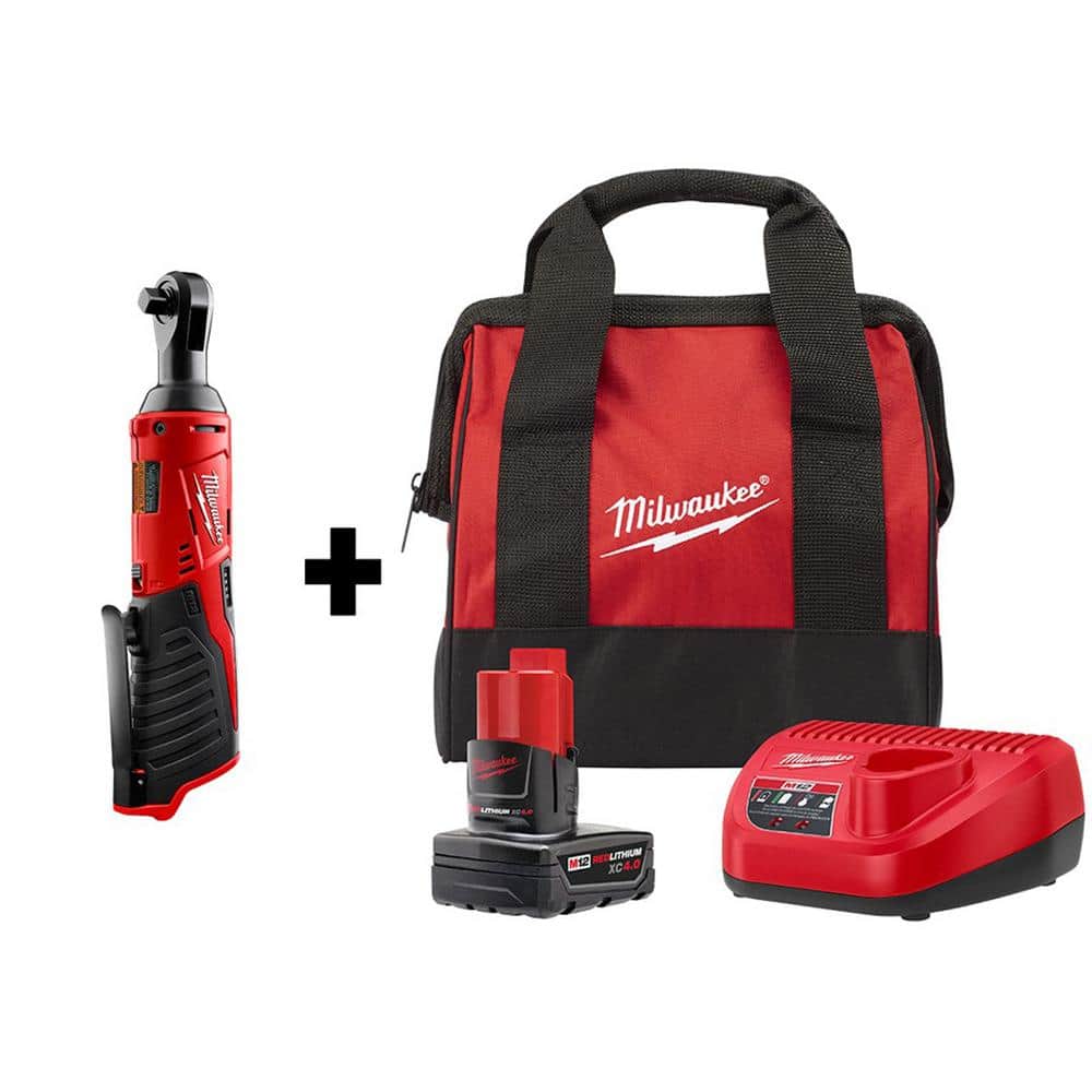 Milwaukee M12 12-Volt Lithium-Ion Cordless 3/8 in. Ratchet with One 4.0 Ah Battery Charger and Bag -  2457-20-48