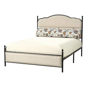 Sergio Orange Transitional Upholstered Platform Metal Bed Frame Four Poster Bed with High Headboard and Pillow