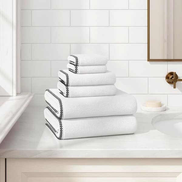 White / Black Quick-Dry Cotton Boho-Inspired Border 6 Piece Towel Set