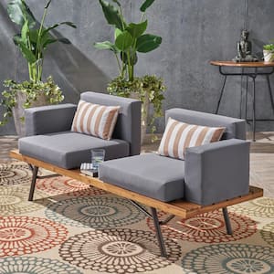 New Metal Outdoor Patio Acacia Wood Loveseat Set, with Coffee Table, Gray Water Resistant Cushions, Teak Finish