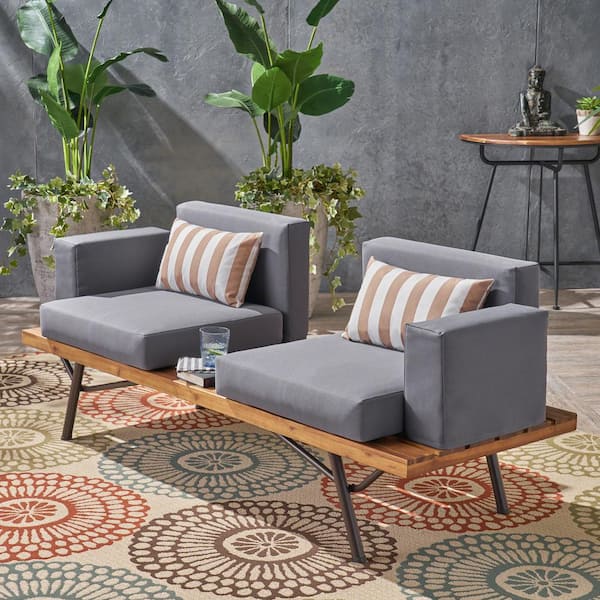 Unbranded New Metal Outdoor Patio Acacia Wood Loveseat Set, with Coffee Table, Gray Water Resistant Cushions, Teak Finish