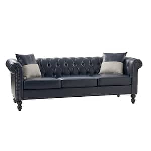 Felisa Traditional 84.5" Wide Button-tufted Leather Sofa with End Table and Gourd-shaped Solid Wood Legs-Navy