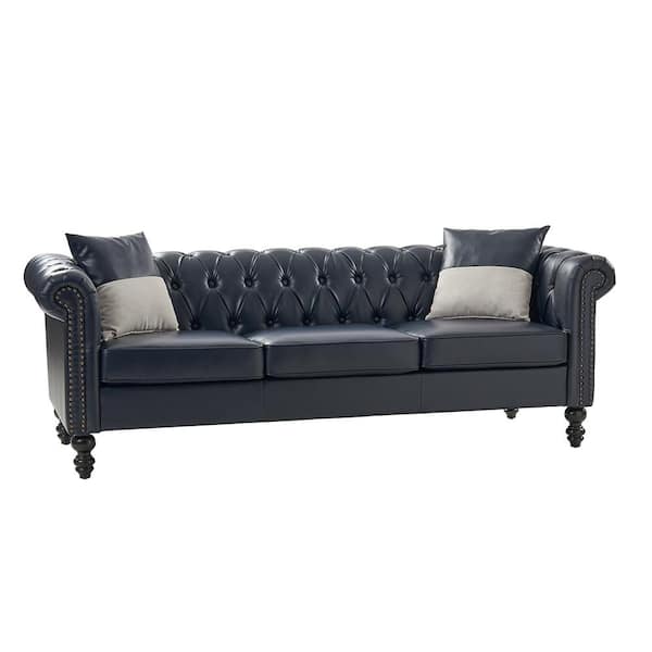JAYDEN CREATION Felisa Traditional 84.5" Wide Button-tufted Leather Sofa with End Table and Gourd-shaped Solid Wood Legs-Navy