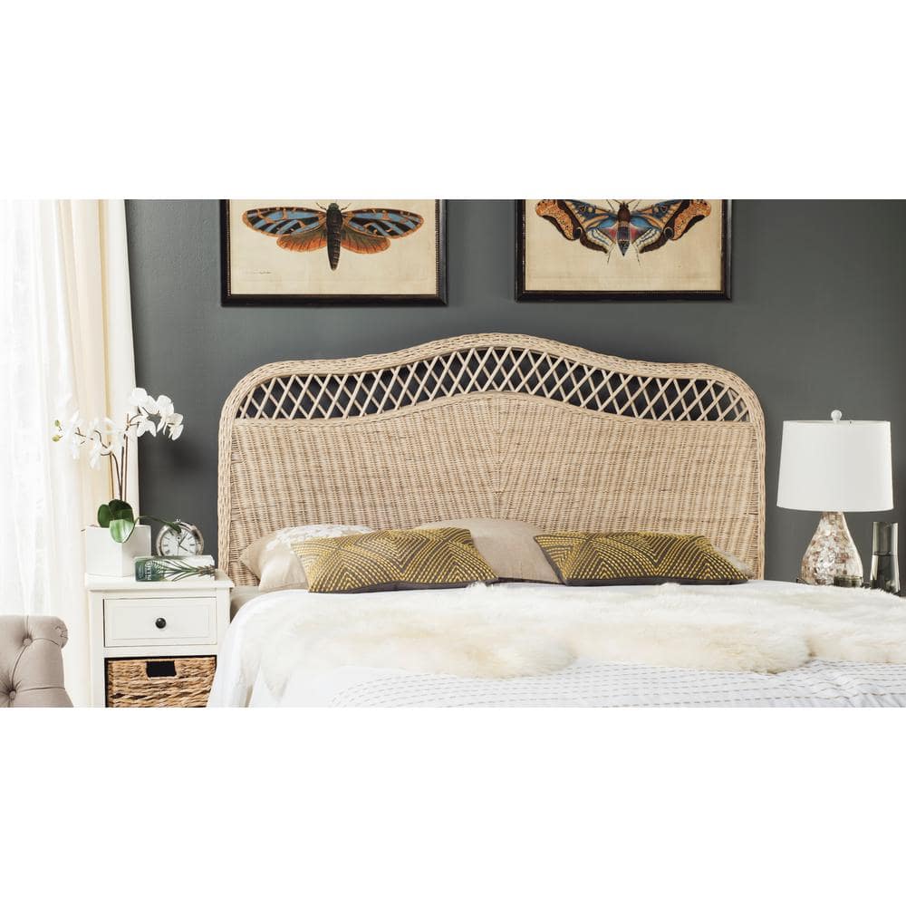 White Washed Queen Wicker Rattan Headboard with Open Trellis