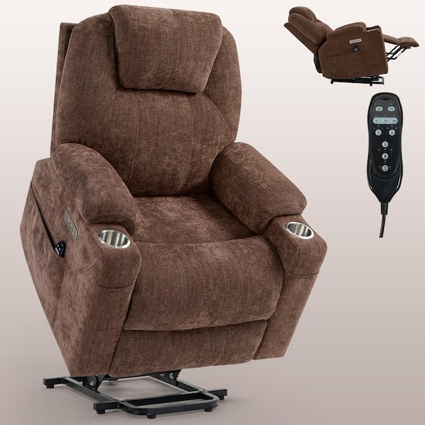 sumyeg 35.43 in. W Brown Chenille Power Lift Recliner Chair with Massage, Heating, USB and Type-C Ports and Cup Holders