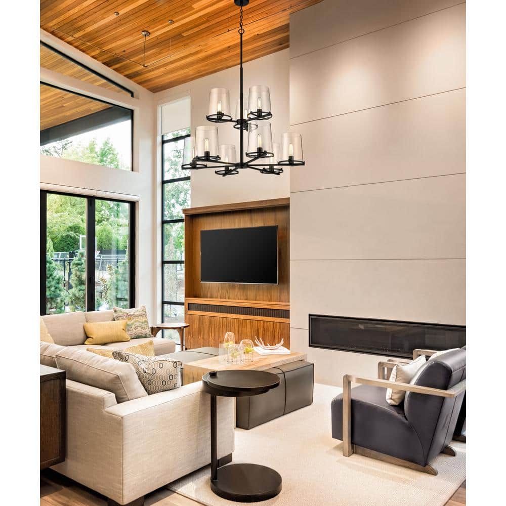Callista Matte Black 38" Steel and Glass 9-Light Chandelier