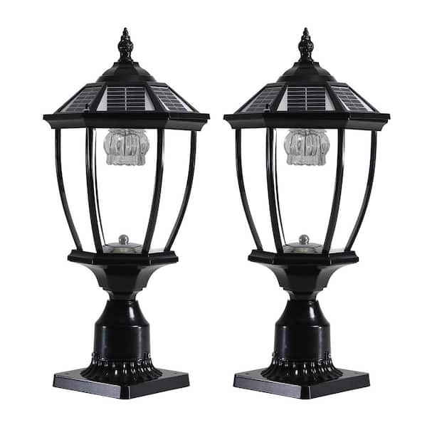 20 in. 1-Light Matte Black Outdoor Lantern Wall Sconce Solar Powered LED Post Light with Glass Shade, No Bulbs (2-Pack)