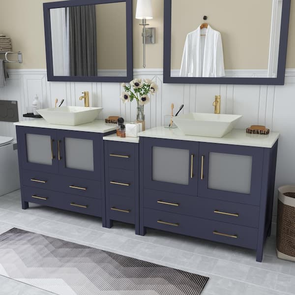 Ravenna 84 in. W Double Sink Bathroom Vanity in Blue with Engineered Marble Top in White and Mirror