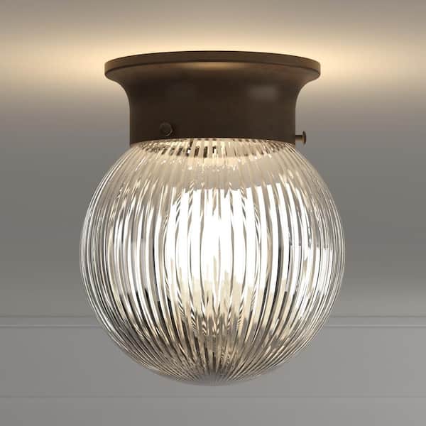 6 in. 1-Light Antique Bronze Flush Mount with Clear Ribbed Glass