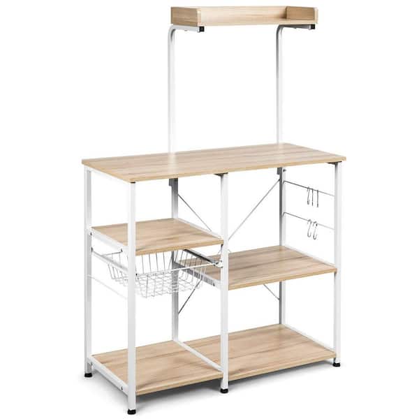 Bunpeony 4-tier Beige Kitchen Rack Storage Shelving Unit Kitchen Shelf Baker's Rack with Basket and 5-Hooks