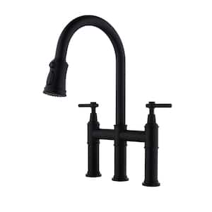 Chic Double Handle Bridge Kitchen Faucet with Pull-Down Sprayhead in Matte Black