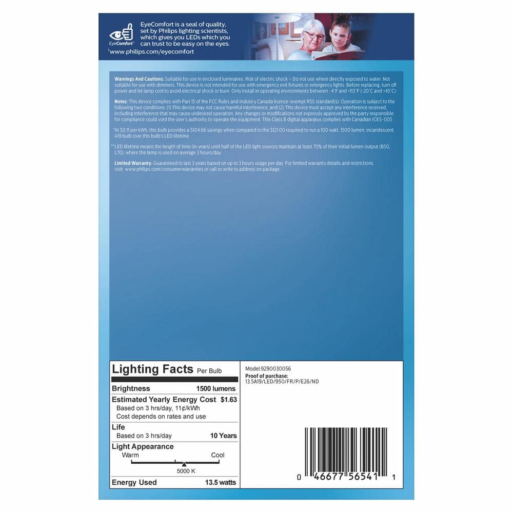 Philips 100W Equivalent Frosted White LED A19 Bulbs, 4-Pack