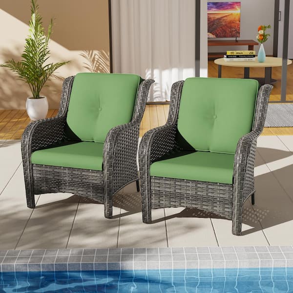 JOYSIDE Ergonomic Arm 2-Piece Patio Wicker Outdoor Lounge Chair with Green Cushions
