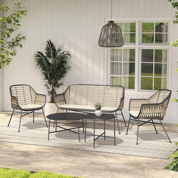 5-Piece Wicker Patio Conversation Set with Cushion, Loveseat, Chairs and Coffee Tables for Outdoor Balcony Porch Garden