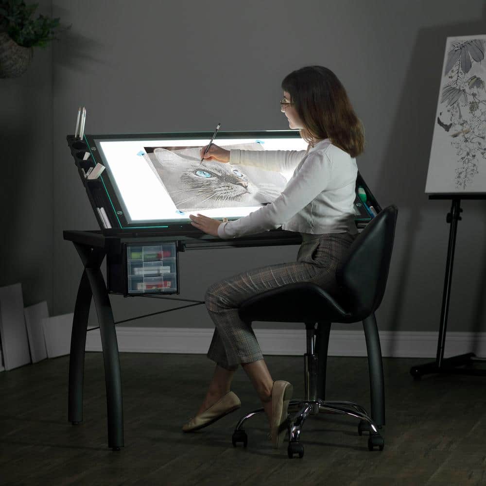 Agustina 43.25'' Brown Glass Top Adjustable Light Desk with Metal Base