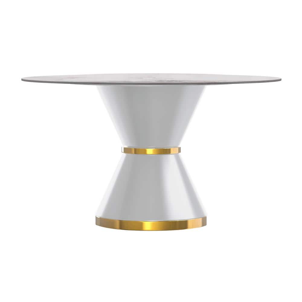 60'' White and Gold Round Glass Dining Table