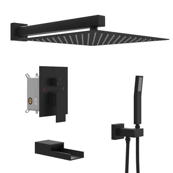 Miscool Single Handle 3-Spray Tub and Shower Faucet 1.8 GPM 12 in. Wall Mount Shower Head in Matte Black Valve Included