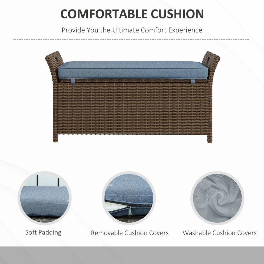 Dark Blue PE Rattan Wicker Outdoor Storage Bench with Cushion