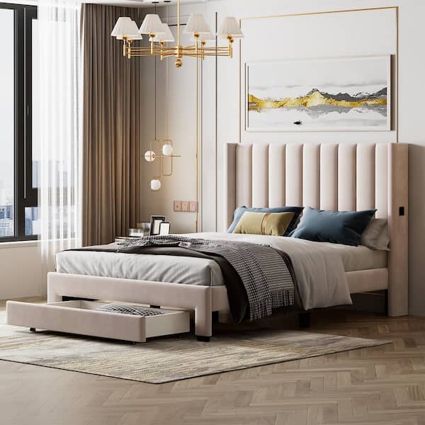 Harper & Bright Designs Beige Wood Frame Velvet Upholstered Queen Size Platform Bed with a Big Drawer and 2-Small Pockets