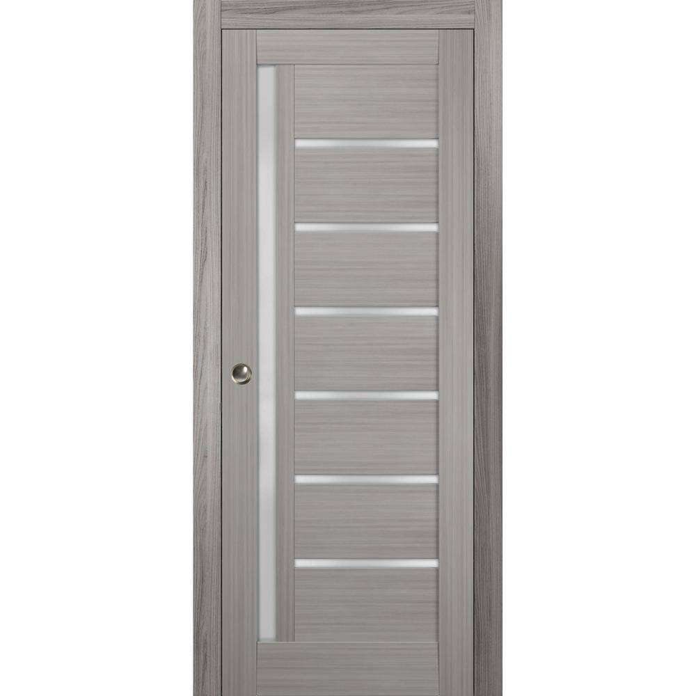 Grey Ash Solid Core Pocket Door with Frosted Glass, 36 x 84 Inches