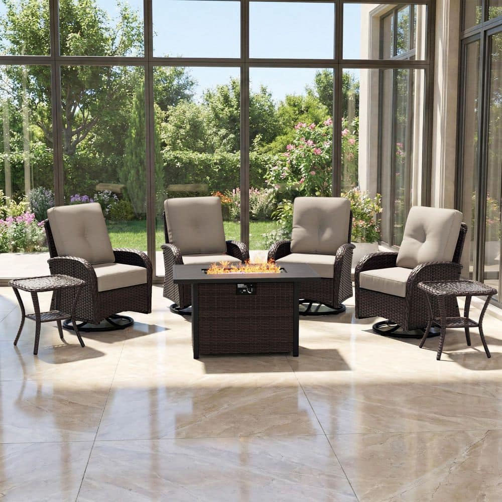 7-Piece Wicker 54 in. Rectangle Fire Pit Patio Conversation Set with Beige Cushions price history on PriceWatchPro