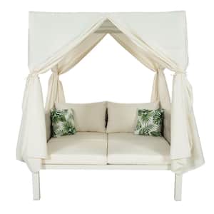 White Metal Outdoor Day Bed, Sunbed Loveseat with Beige Cushion and Beige Curtains