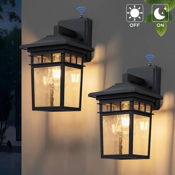 11.25 in. Black Dusk to Dawn Outdoor Hardwired Wall Lantern Sconce with Seeded Glass, No Bulbs Included (2-Pack)