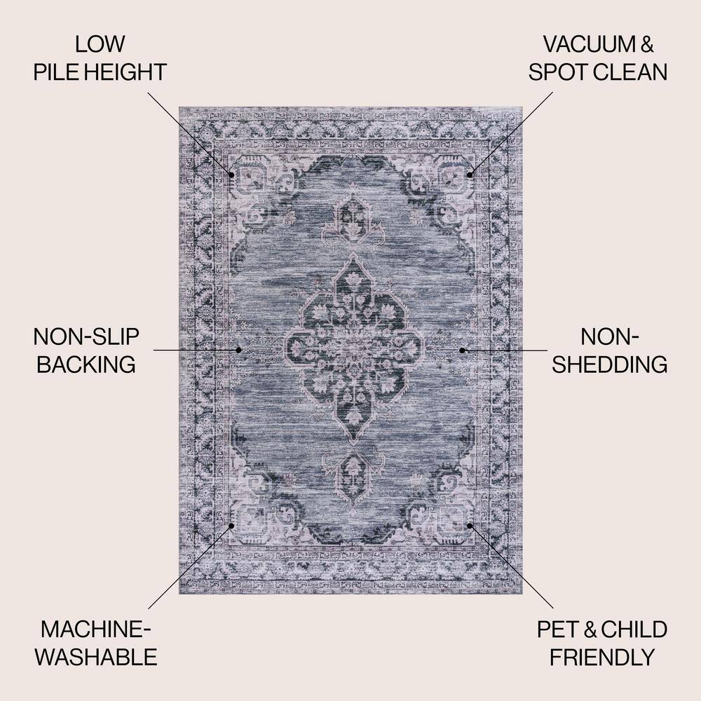 Navy and Gray Chenille Medallion Washable Area Rug