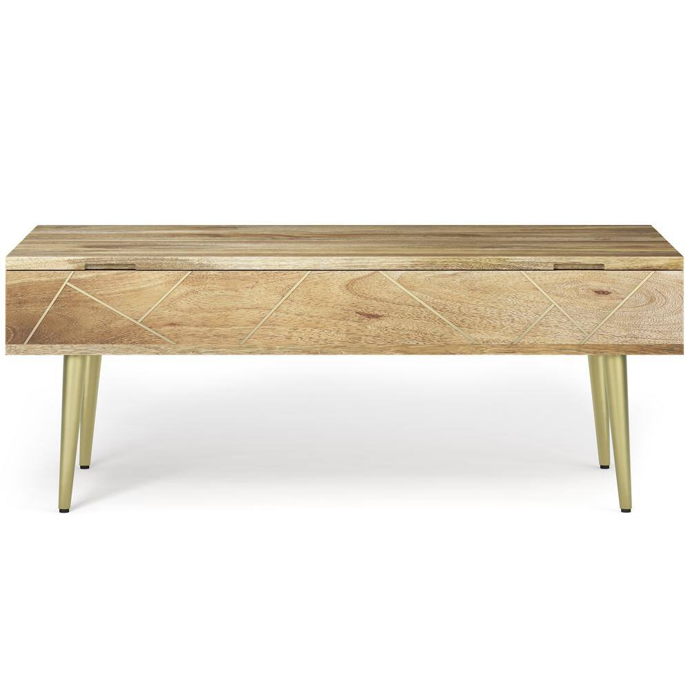 Rectangular Mango Wood Lift-Top Coffee Table with Brass Inlay