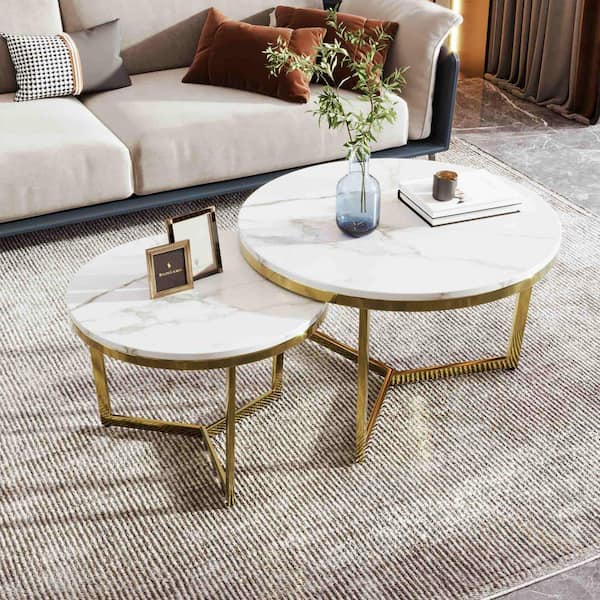 Polibi 31.5 in. White Round MDF Coffee Table with Nesting Feature