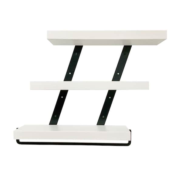 Unbranded Industrial 3-tier 5.5 in. x 20 in. x 23 in. White Pine Wood Floating Decorative Wall Shelf with Towel Bar
