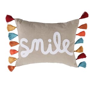 Amelie Beige, White, Multicolored Tassels, Smile Embroidered 14 in. x 18 in. Throw Pillow