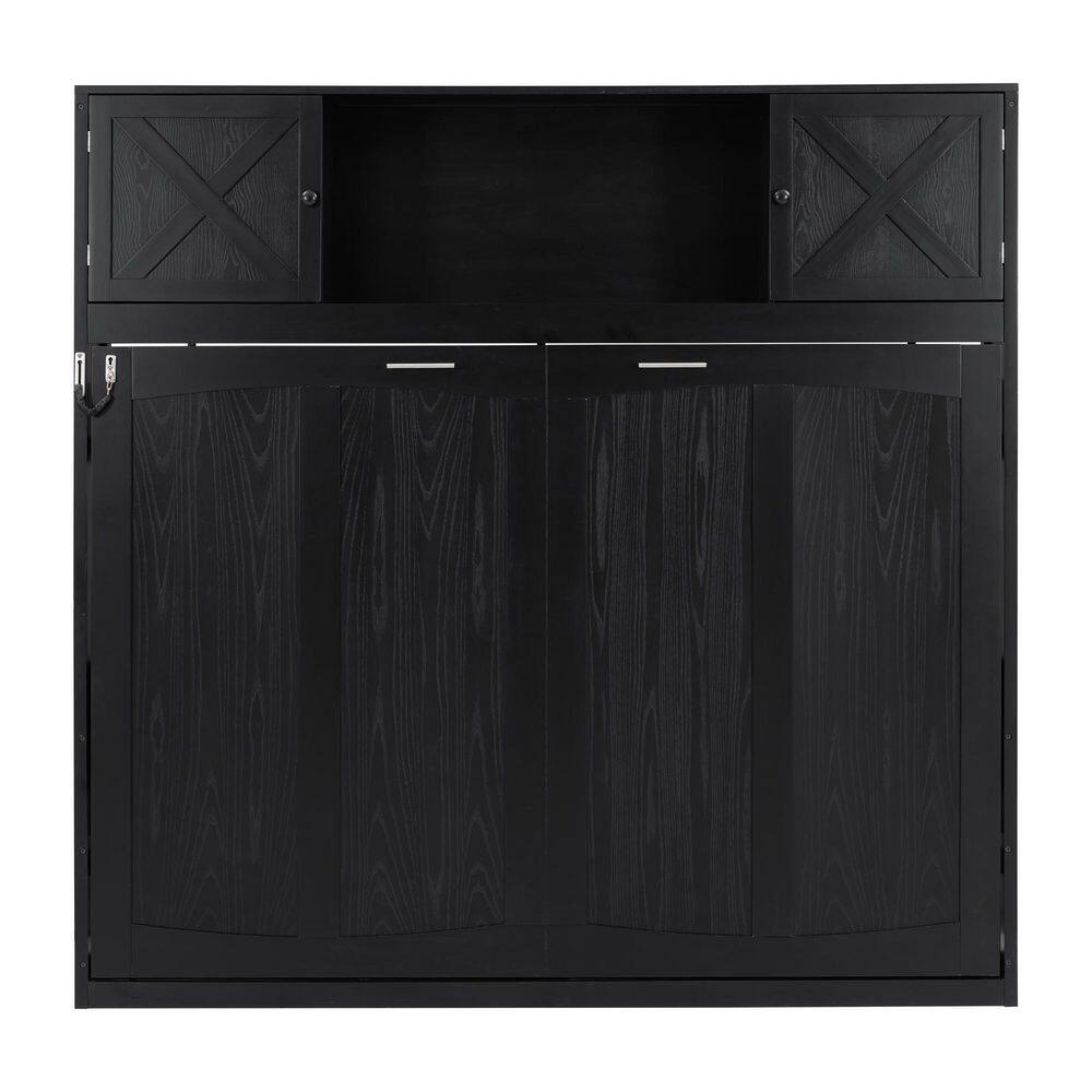 Rustic Black Solid Wood Frame Queen Size Murphy Bed with Storage Cabinets - thumbnail 4