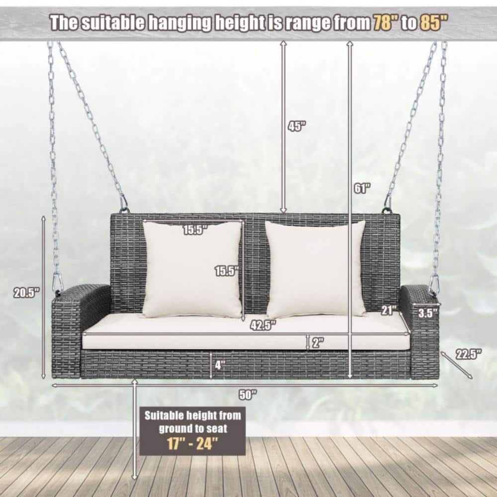 Gray Steel Frame Porch Swing with White Cushions