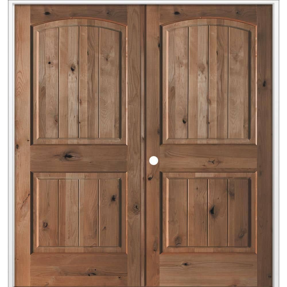 64 in. x 80 in. Rustic Knotty Alder Arch Top VG Right Active True Black Stain Wood Double Prehung Interior Door price history on PriceWatchPro