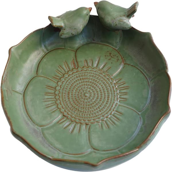 9.5 in. Dia Ceramic Bird Bath for Outside Ground Green Bird Feeders and Birdbath