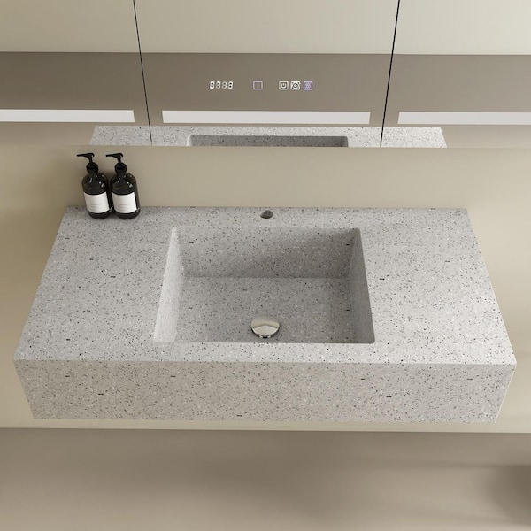 Granello 39 in. x 20 in. Terrazzo Wall-Mounted Bathroom Sink with Faucet Holes in Gray